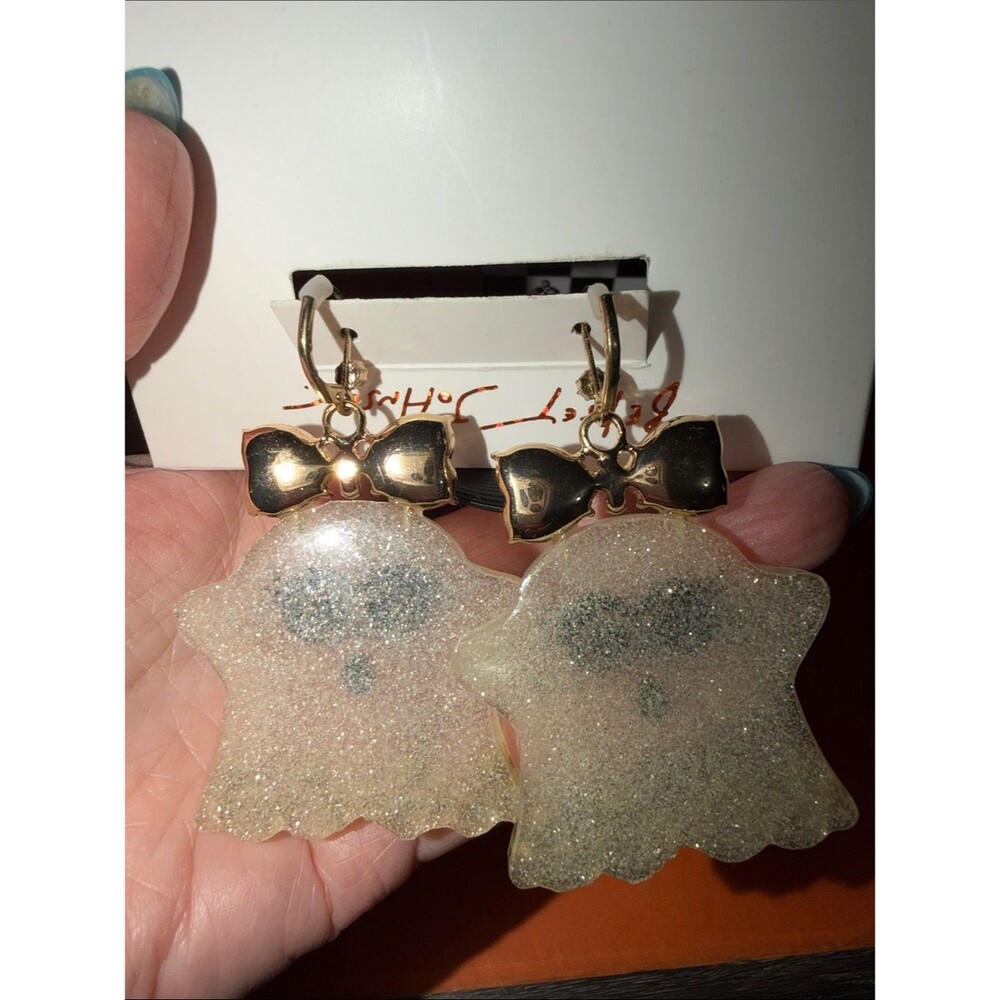NWT Betsey Johnson Glitter Ghost with Pink Crystal Bows earrings. In gift box. - Picture 5 of 6